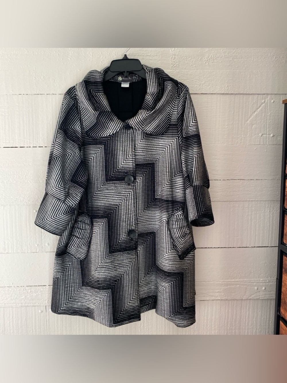 Damee Inc. Black Silver Buttoned Coat Abstract Design Lagenlook Art To Wear